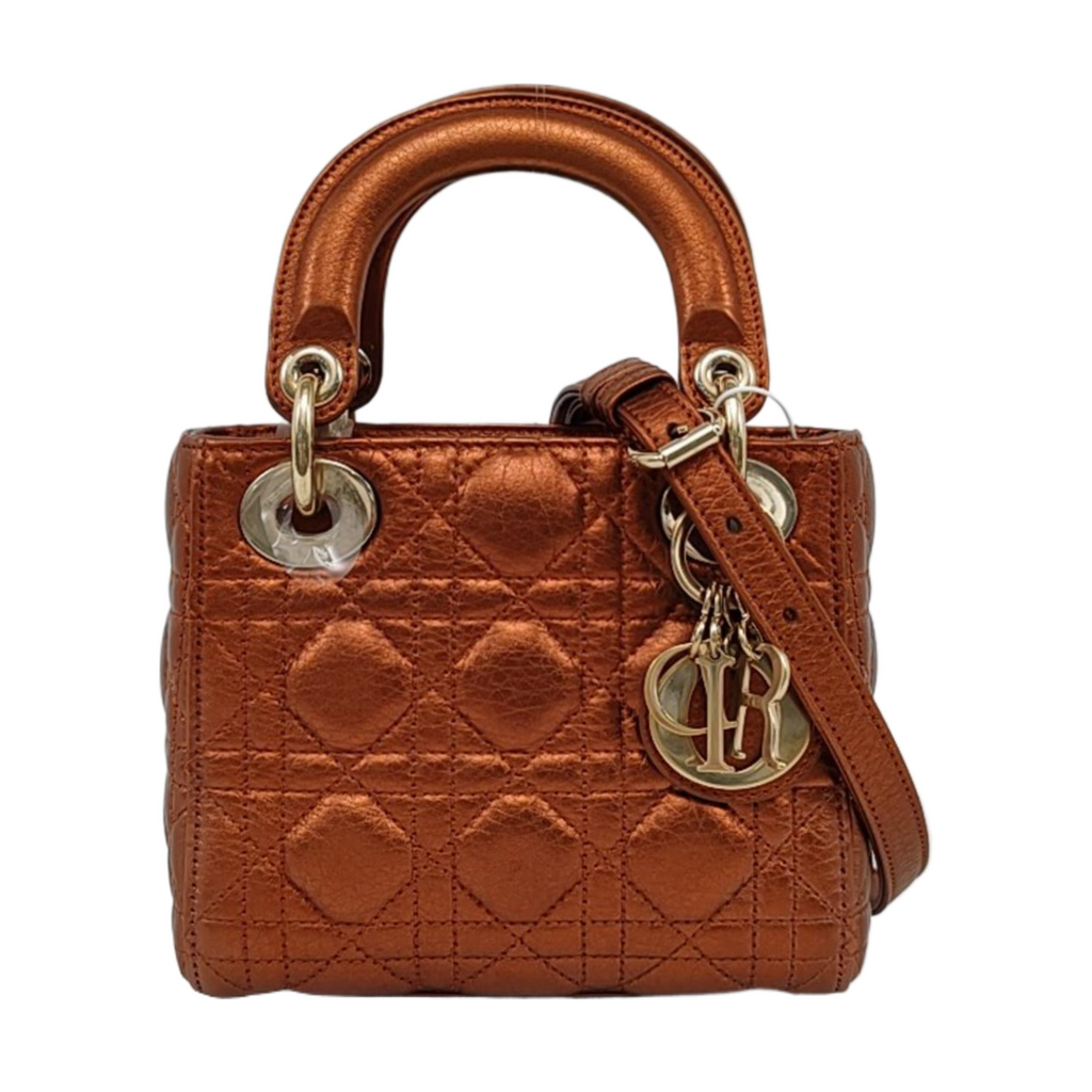 Lady Dior Mini Metallic Brick Red Calfskin Leather Gold Hardware Leather Strap 2017