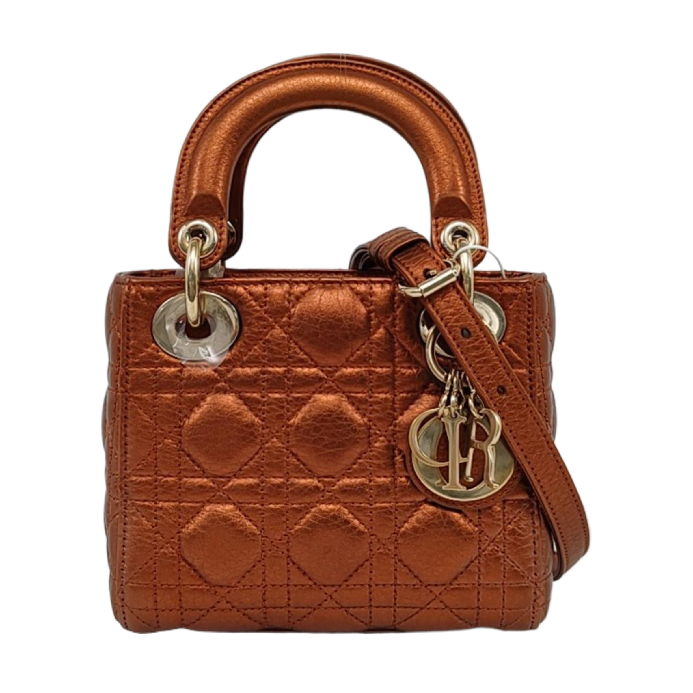 Lady Dior Mini Metallic Brick Red Calfskin Leather Gold Hardware Leather Strap 2017