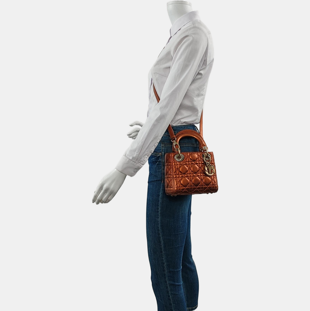 Lady Dior Mini Metallic Brick Red Calfskin Leather Gold Hardware Leather Strap 2017