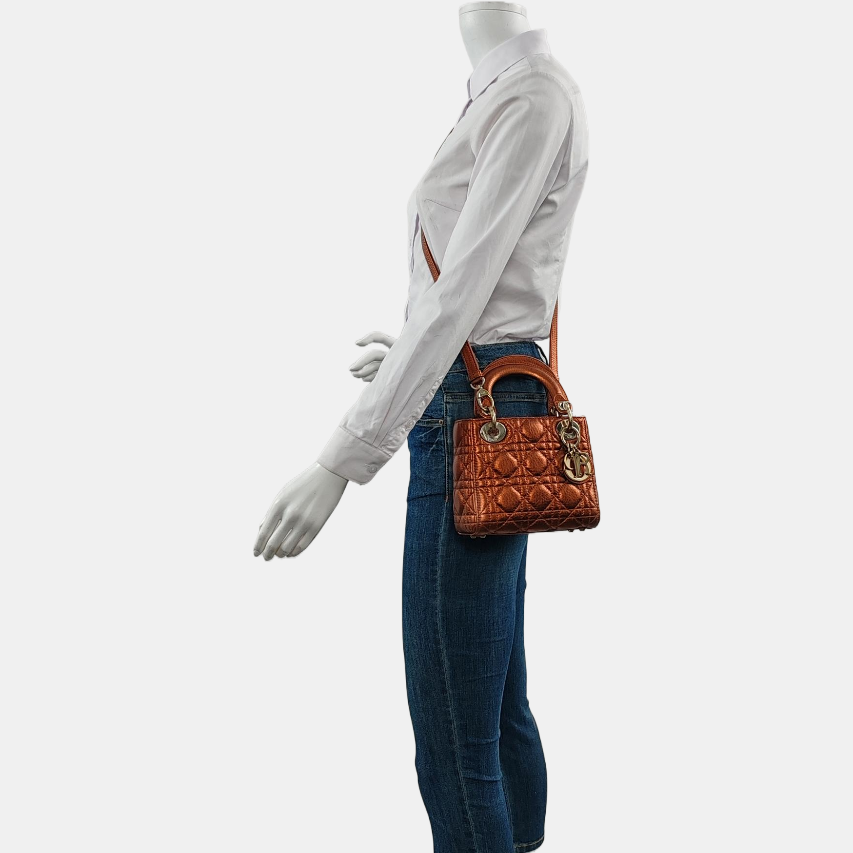 Lady Dior Mini Metallic Brick Red Calfskin Leather Gold Hardware Leather Strap 2017