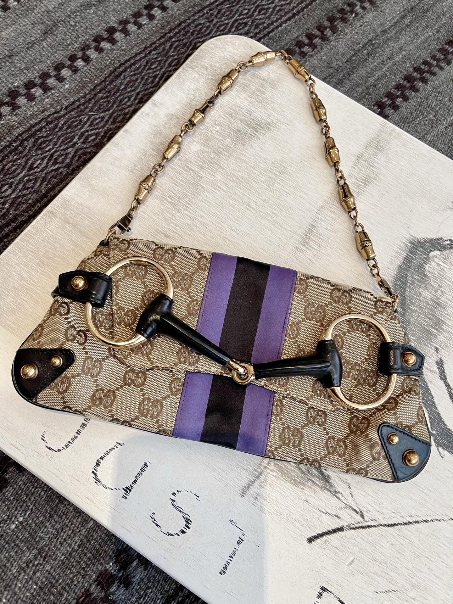 Gucci Horsebit 1955 Small Chain Bag Gucci Monogram Black Purple Web