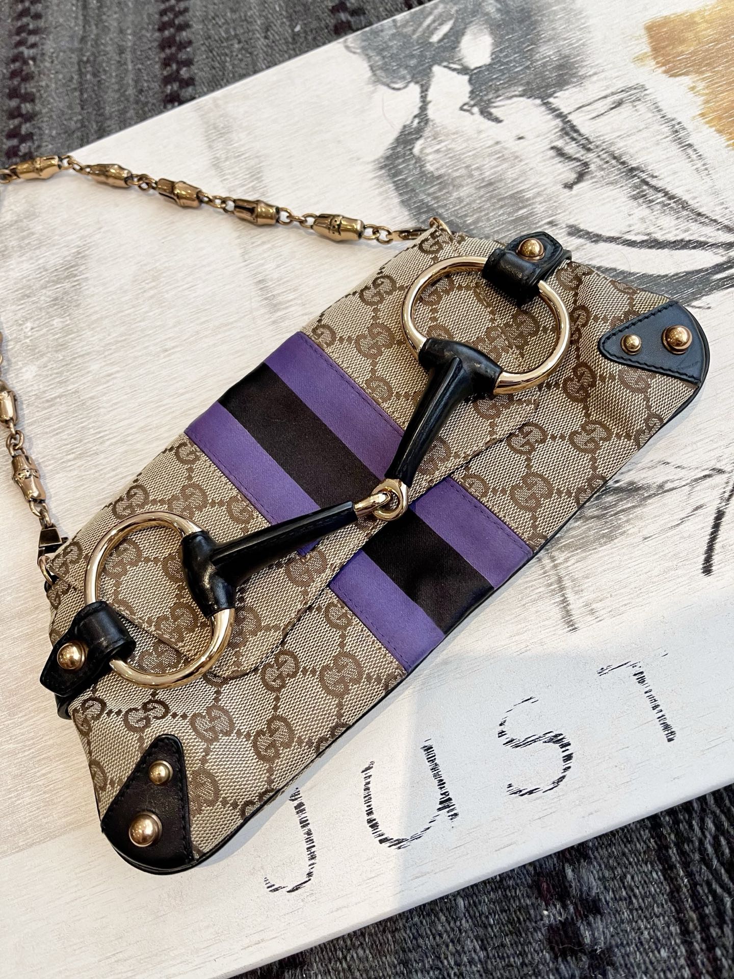 Gucci Horsebit 1955 Small Chain Bag Gucci Monogram Black Purple Web