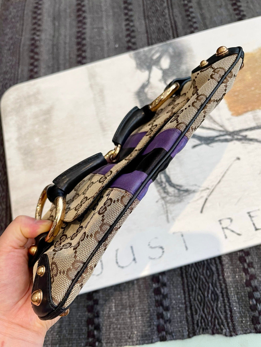 Gucci Horsebit 1955 Small Chain Bag Gucci Monogram Black Purple Web