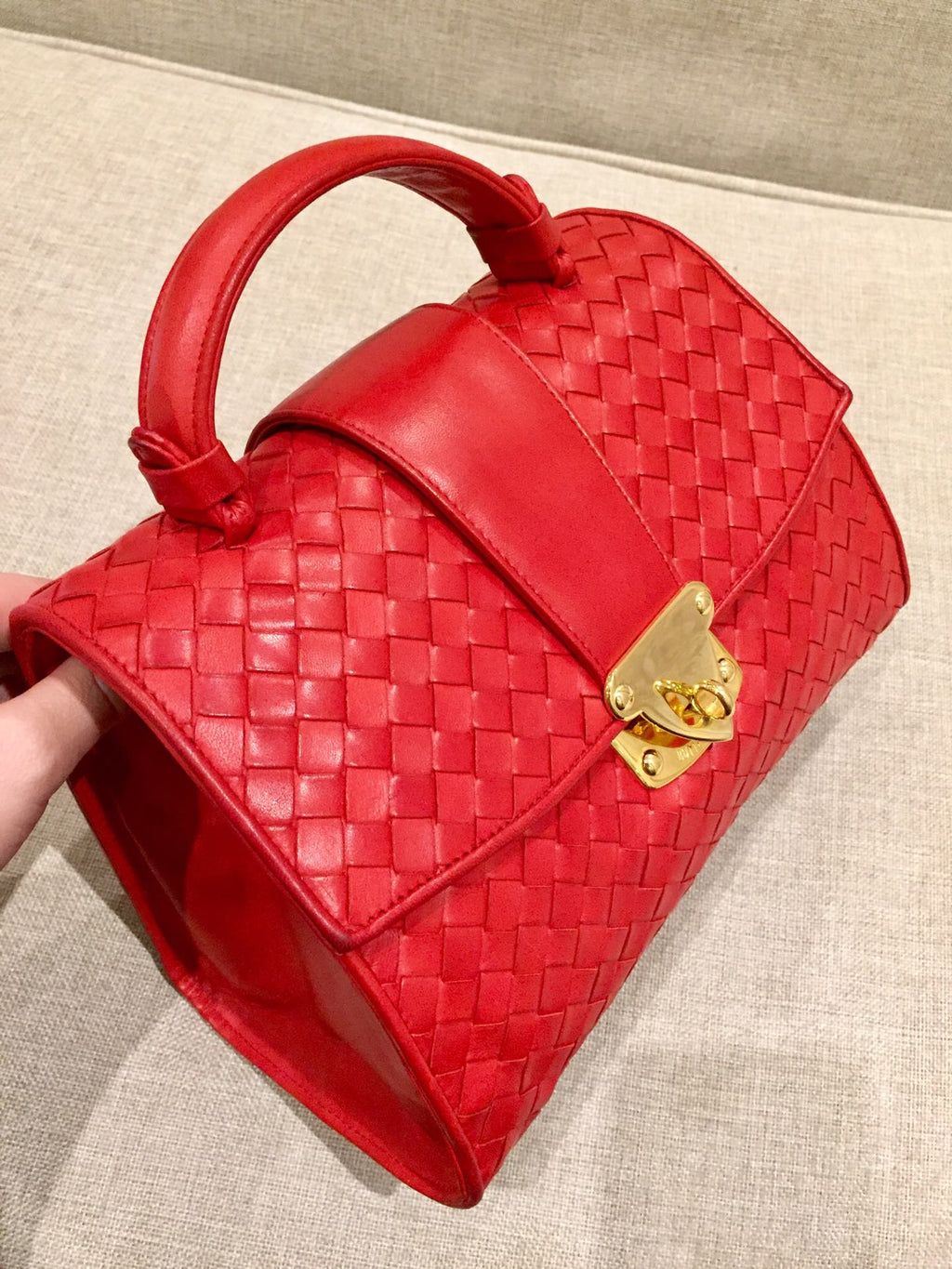 Bottega Veneta Top Handle Bag Red Intrecciato Leather
