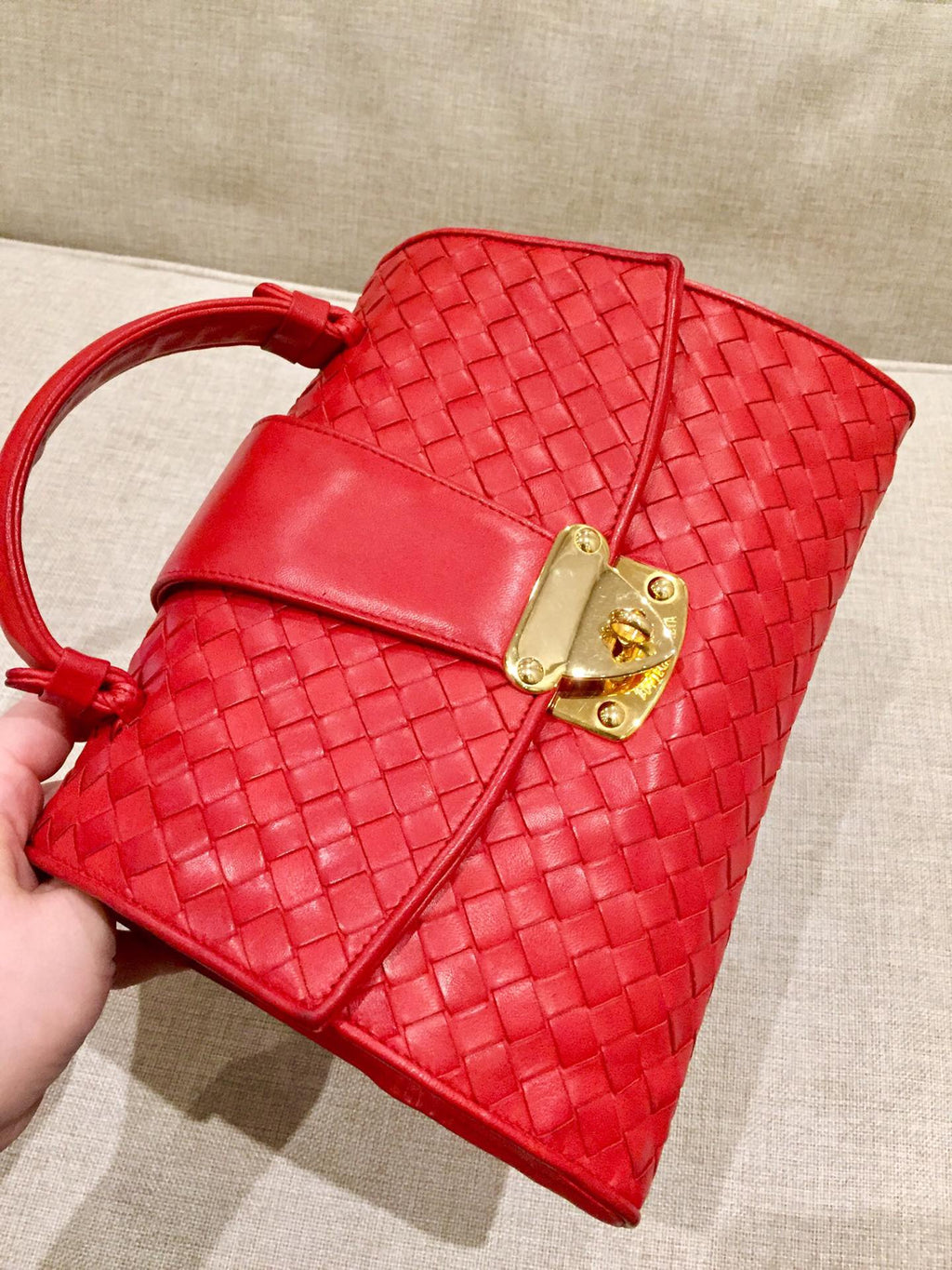 Bottega Veneta Top Handle Bag Red Intrecciato Leather