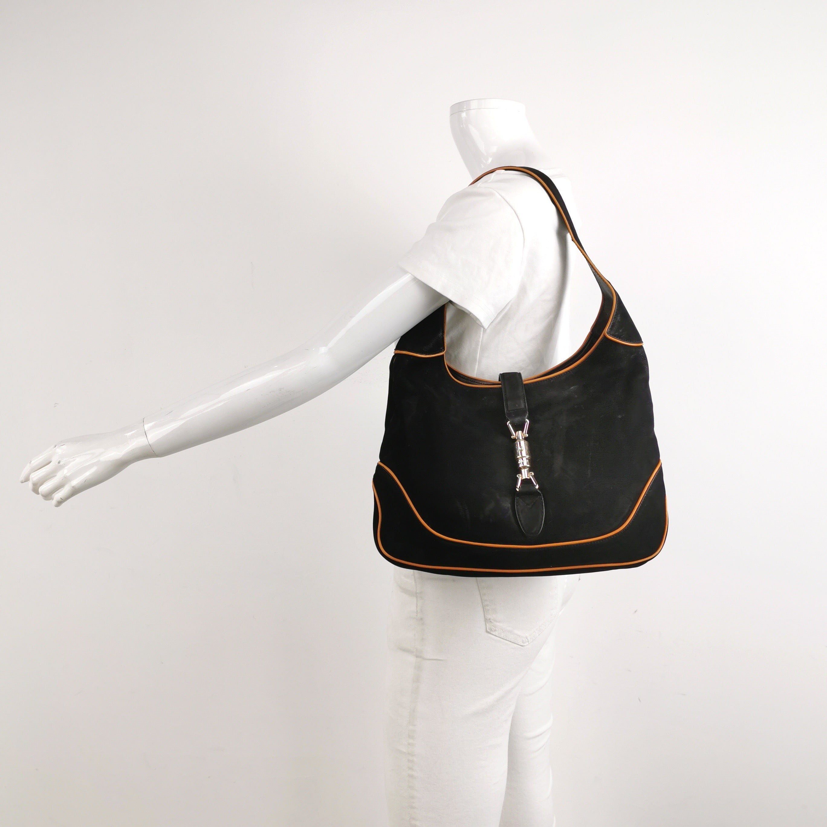 Gucci Jackie Soft Medium Black Nubuck SuedeÊLeather Orange Lining Gold Piston Lock