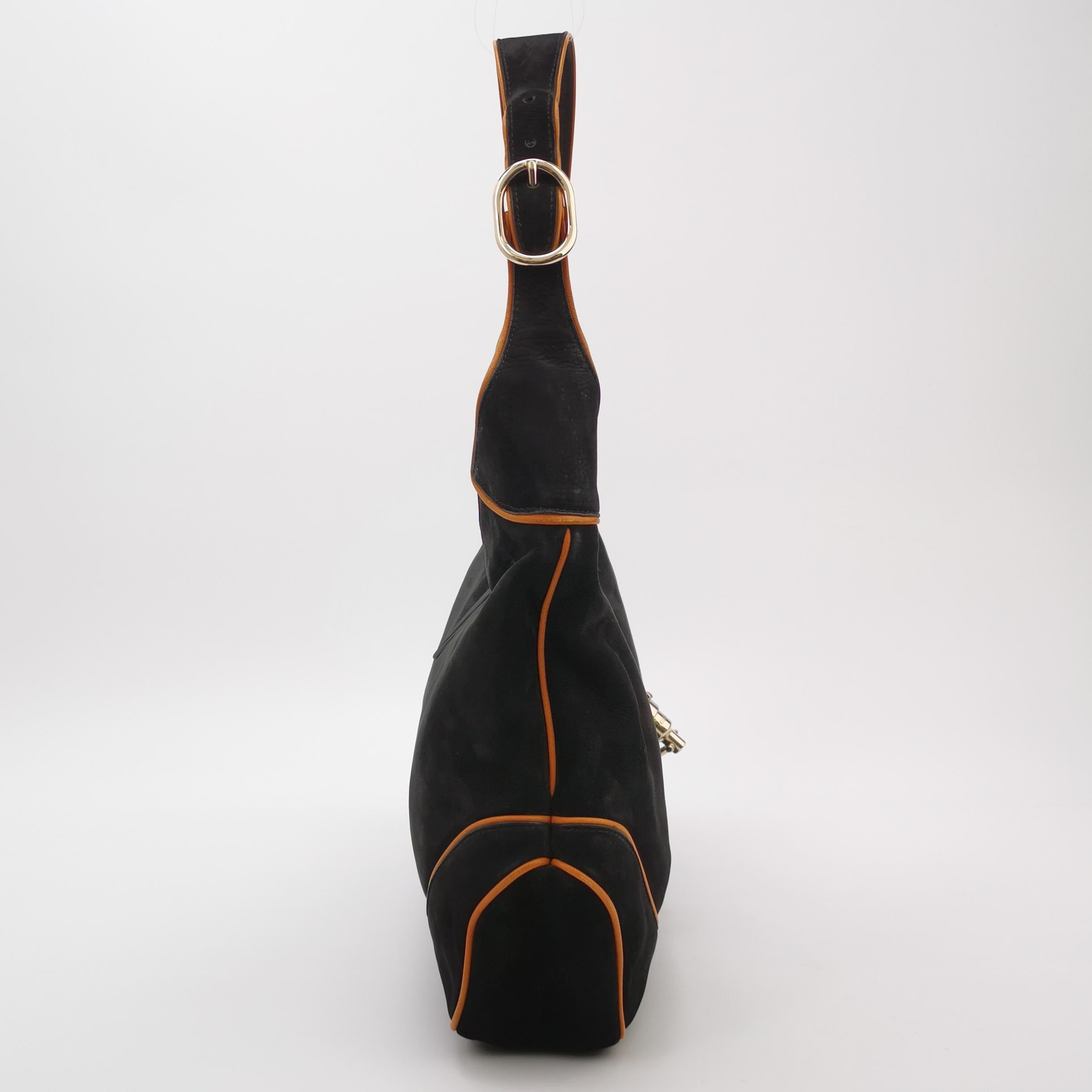 Gucci Jackie Soft Medium Black Nubuck SuedeÊLeather Orange Lining Gold Piston Lock