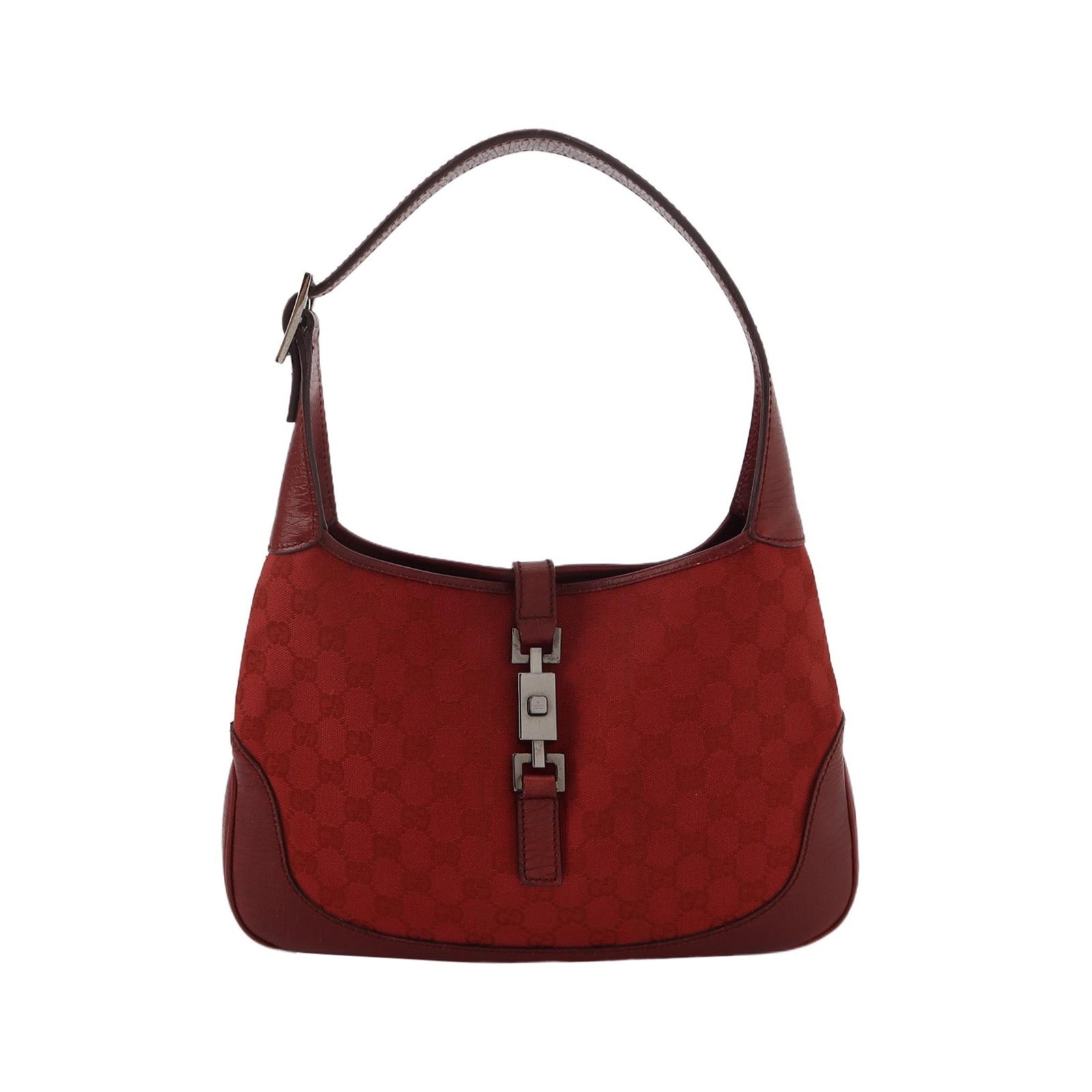Gucci Jackie Vintage Medium Red Monogram Canvas and Leather Silver Hardware Shoulder Bag