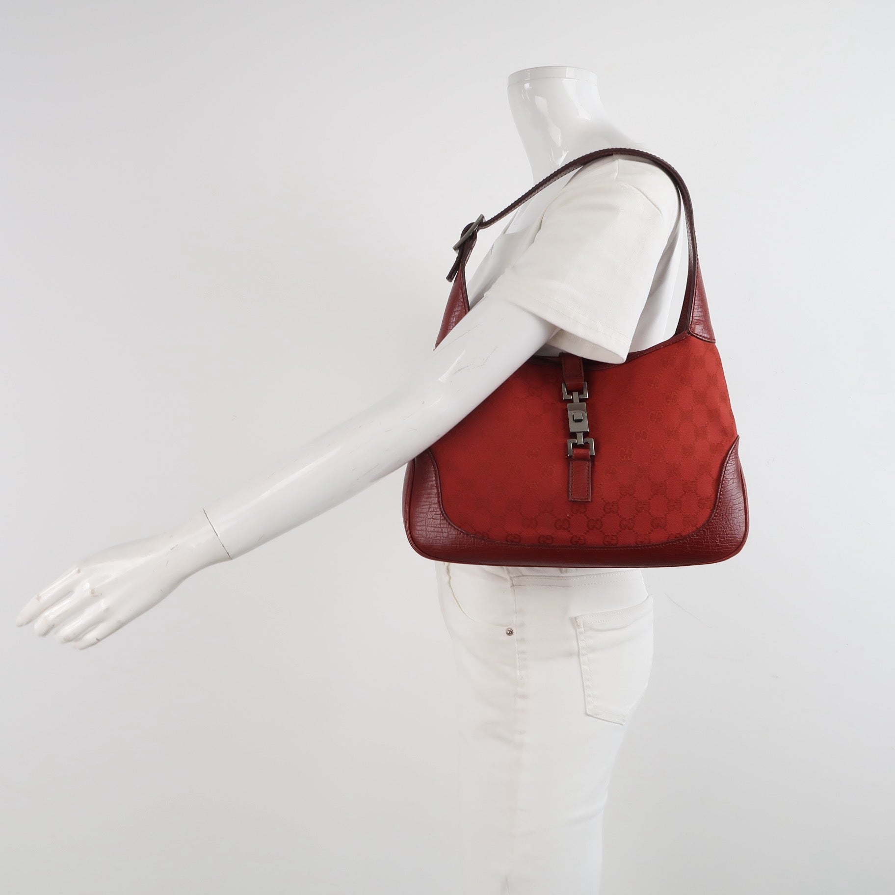 Gucci Jackie Vintage Medium Red Monogram Canvas and Leather Silver Hardware Shoulder Bag