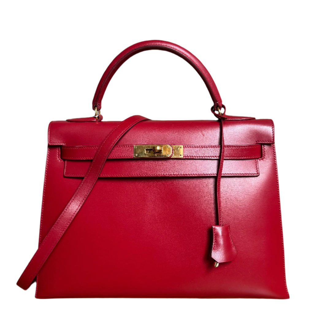 Hermes Kelly 32 Vintage Sellier Rouge Vif Red Box Calf Leather Gold HW 1988 Circle R