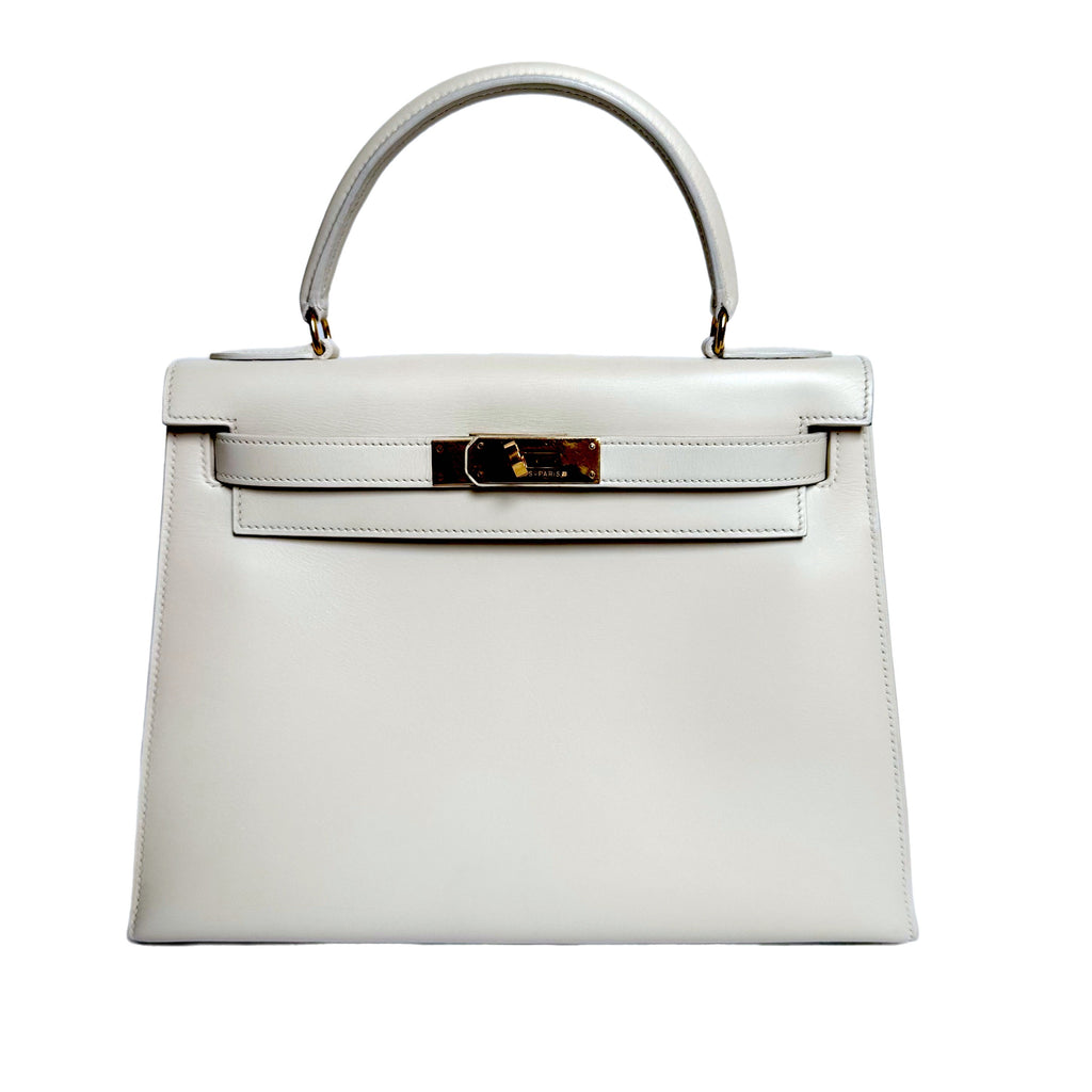 Hermes Kelly 28 Sellier Vintage White Box Leather Gold Hardware 1996