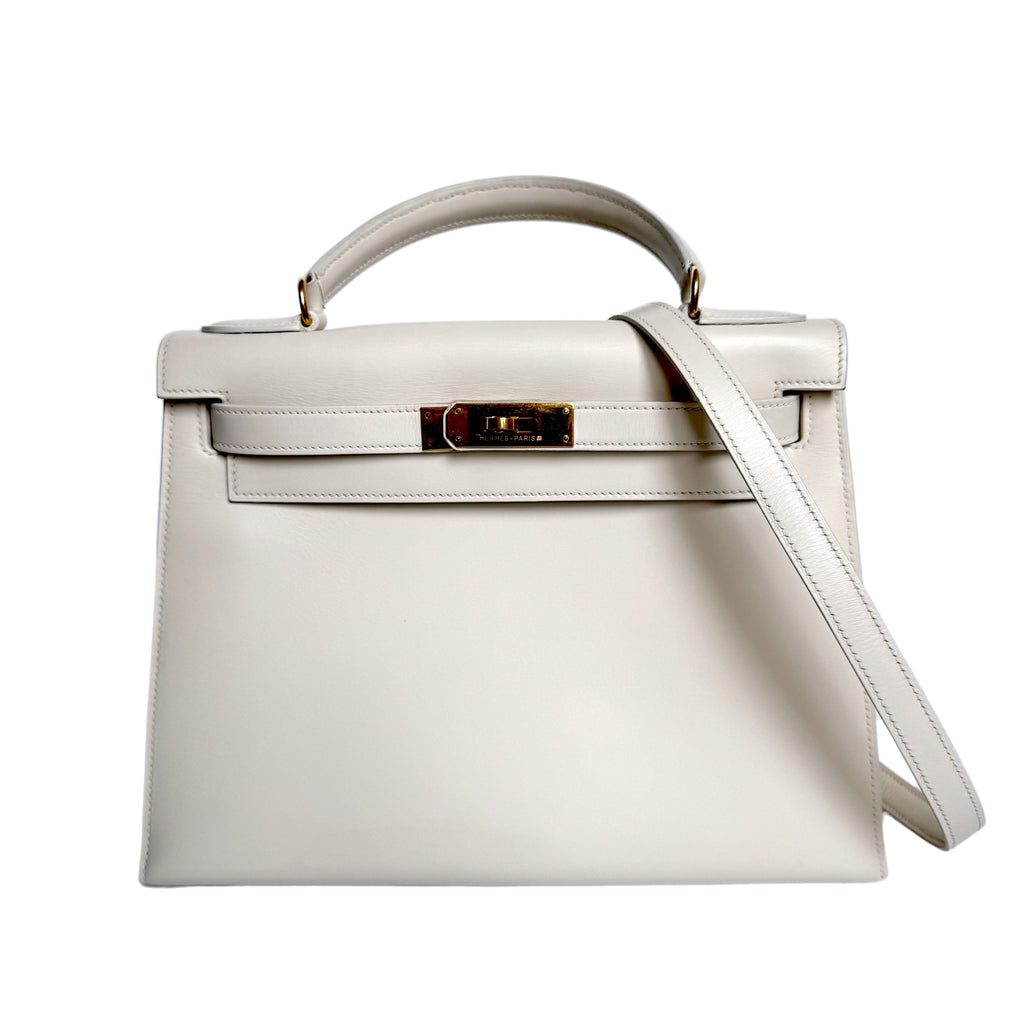 Hermes Kelly 28 Sellier Vintage White Box Leather Gold Hardware 1996