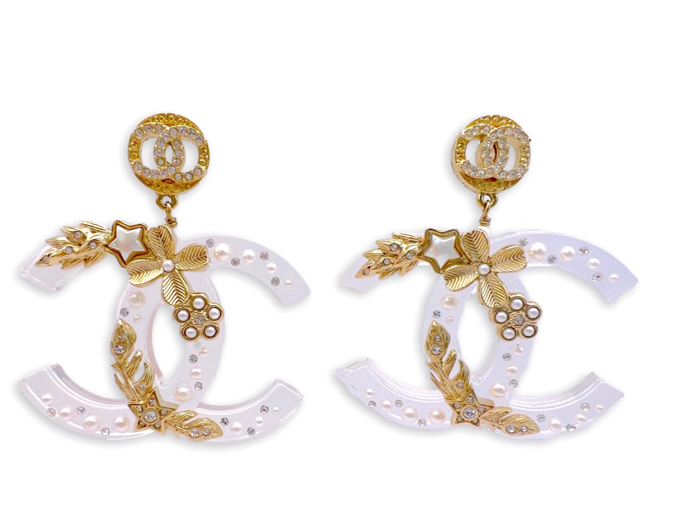 Chanel 19K Clear Acrylic Large CC Ornamental Drop Dangle Earrings W55