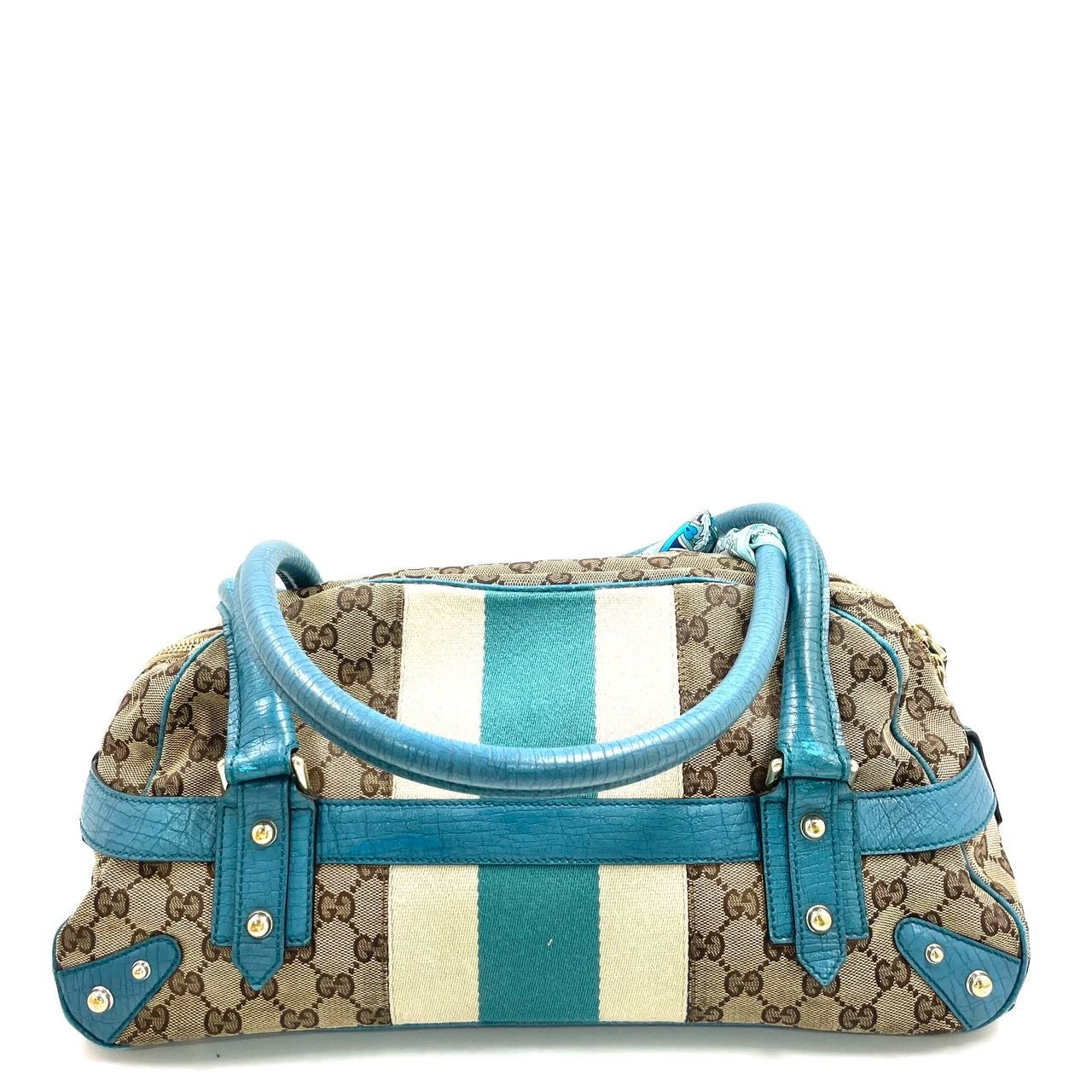 Gucci Horsebit Boston Bowling Handbag Monogram Canvas Blue Leather