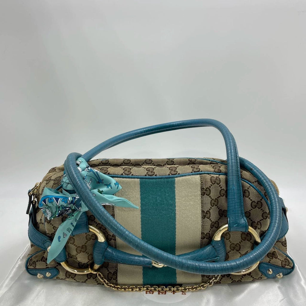 Gucci Horsebit Boston Bowling Handbag Monogram Canvas Blue Leather