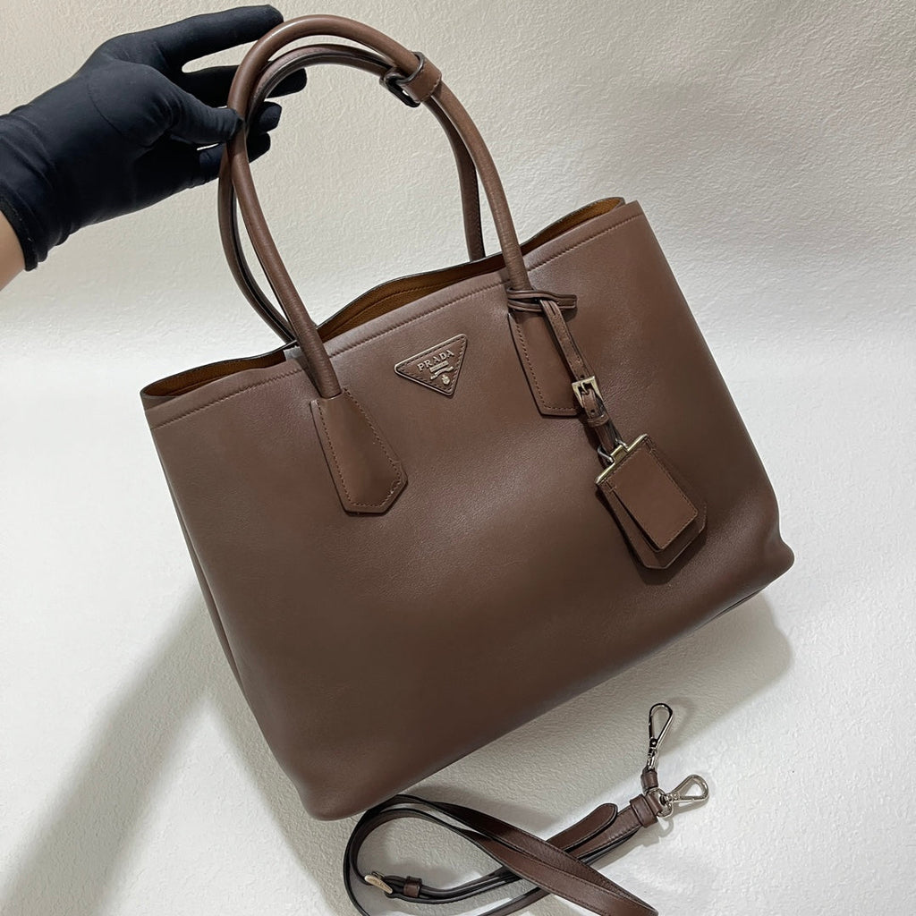 Prada Double Bag Medium Dark Chocolate Brown Saffiano Leather with Strap