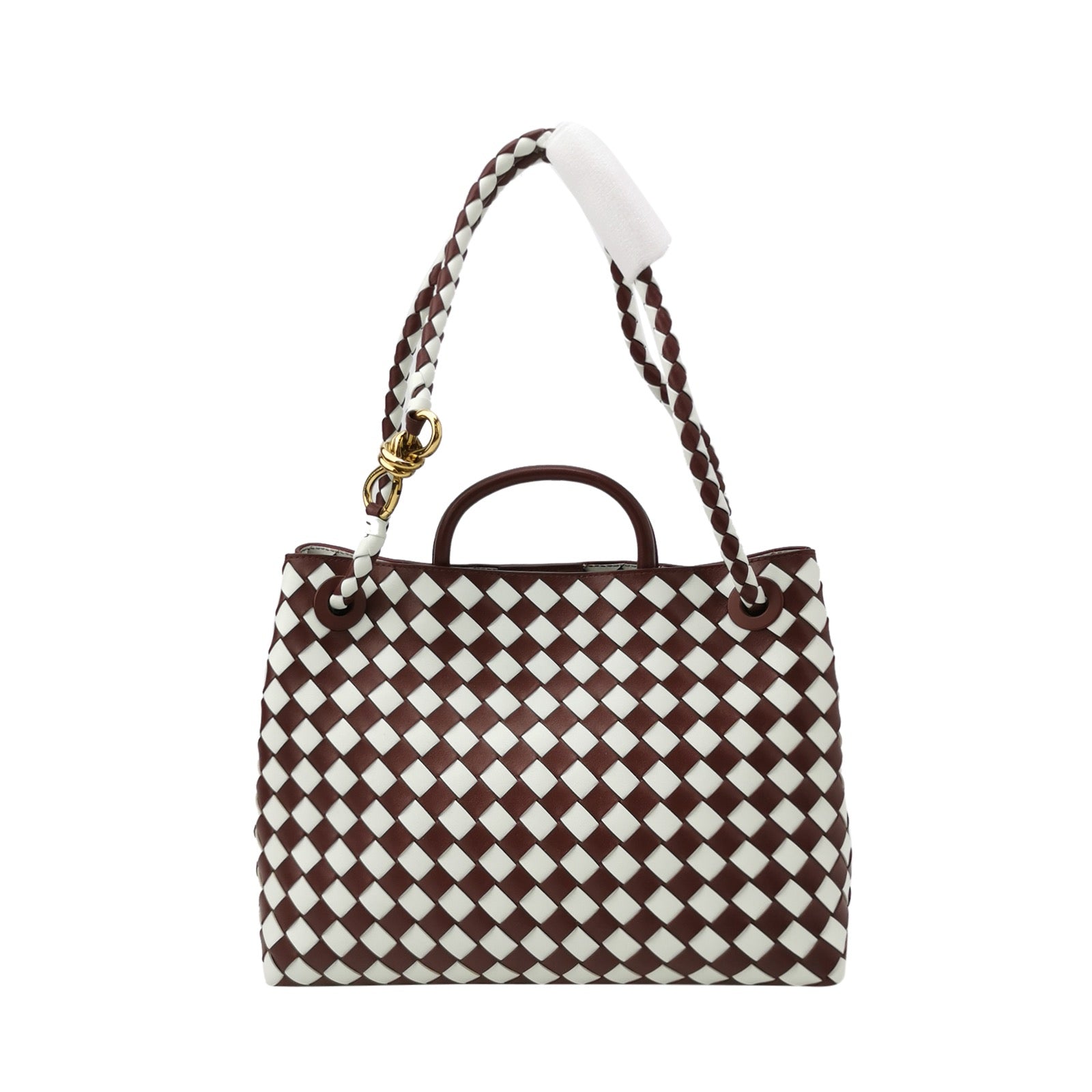 Bottega Veneta Andiamo Medium White and Burgundy Checkered Intrecciato Leather Handbag