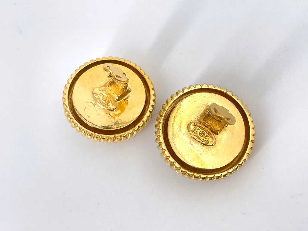 Chanel Vintage Collection 23 Large Pearl Black Gold Stud Earrings