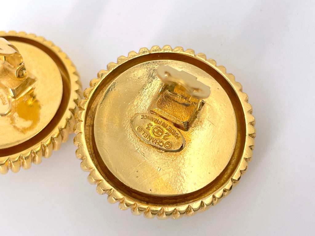 Chanel Vintage Collection 23 Large Pearl Black Gold Stud Earrings