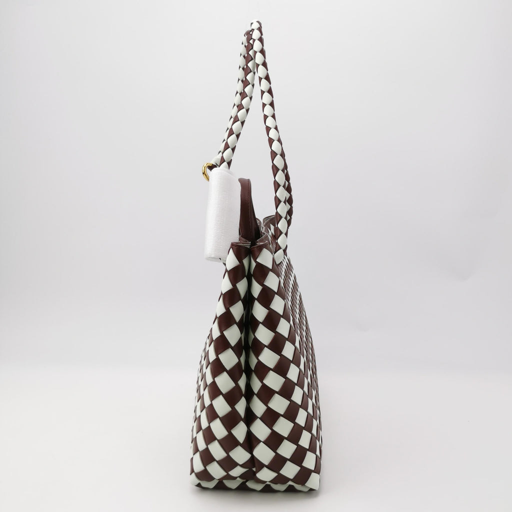 Bottega Veneta Andiamo Medium White and Burgundy Checkered Intrecciato Leather Handbag