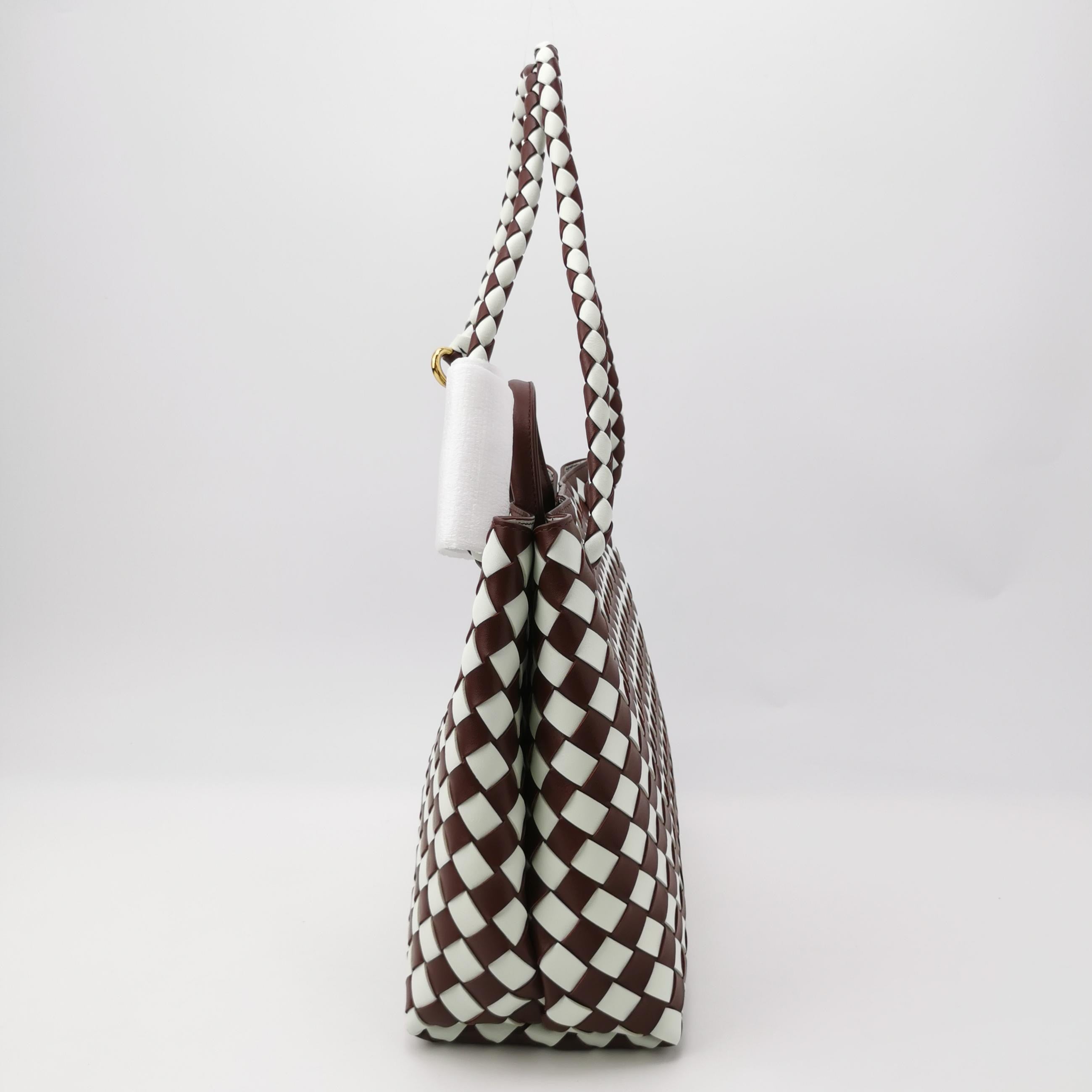 Bottega Veneta Andiamo Medium White and Burgundy Checkered Intrecciato Leather Handbag