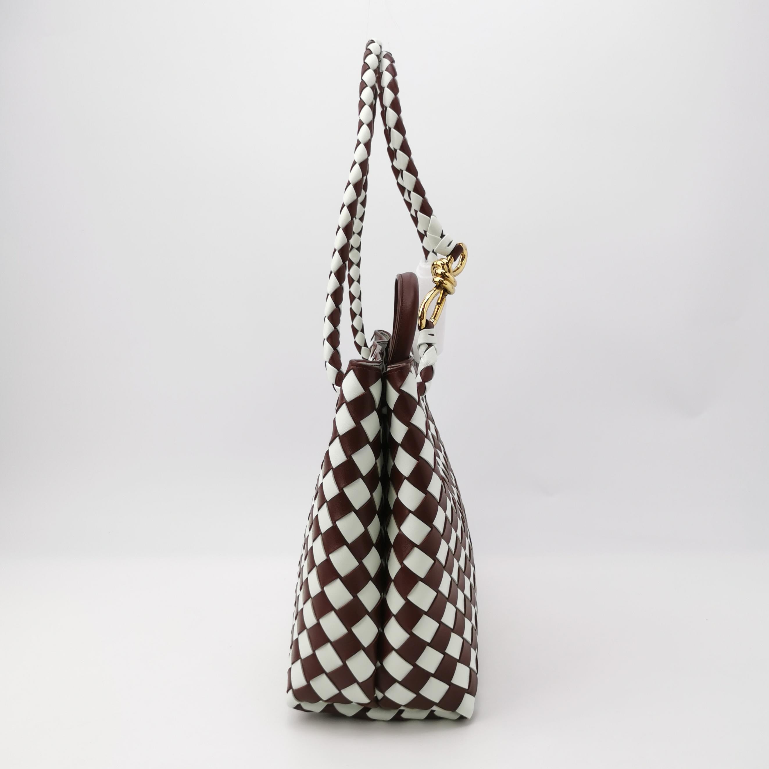 Bottega Veneta Andiamo Medium White and Burgundy Checkered Intrecciato Leather Handbag
