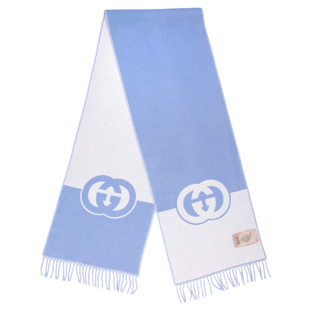Gucci Blue Ivory Wool Cashmere Interlocking G Scarf