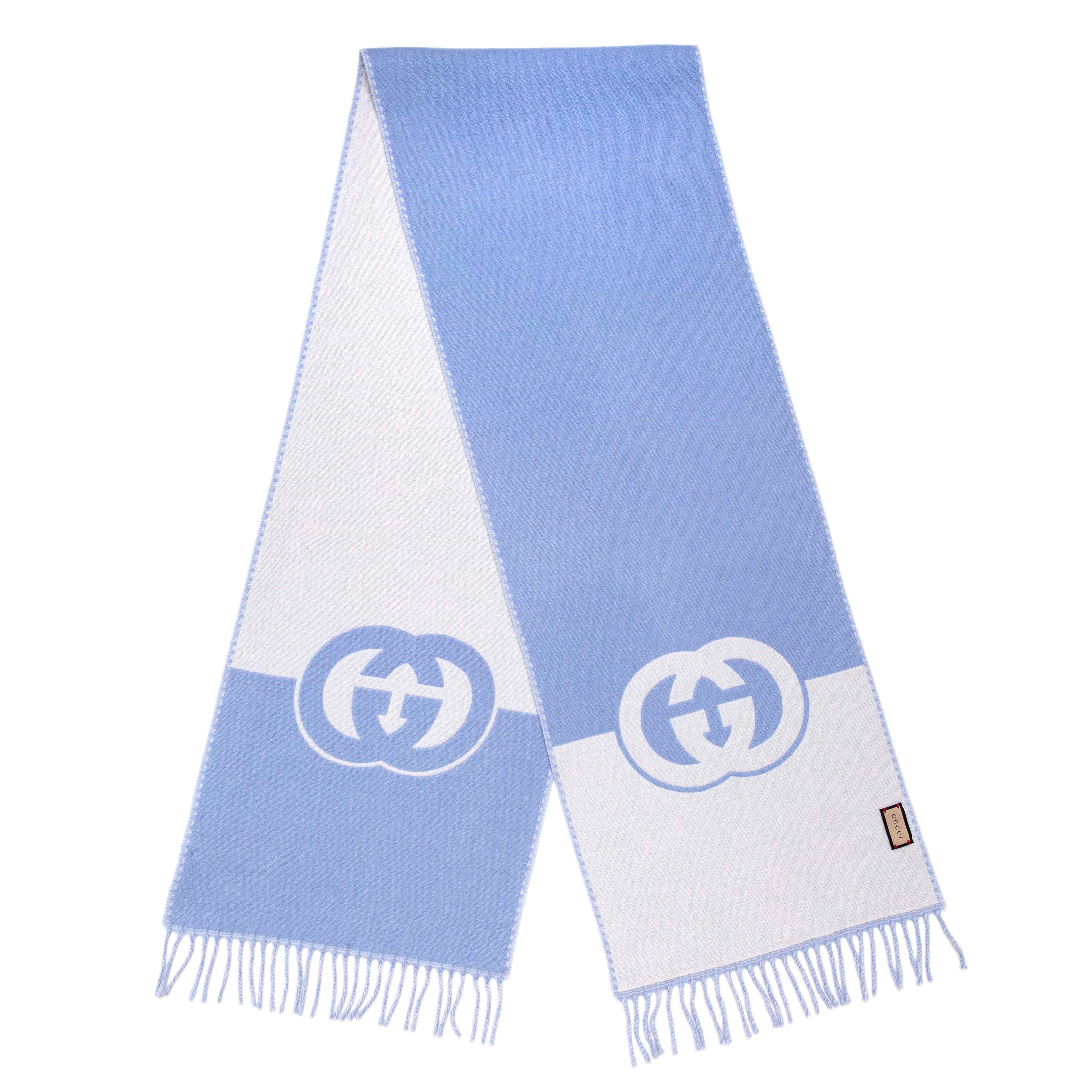 Gucci Blue Ivory Wool Cashmere Interlocking G Scarf