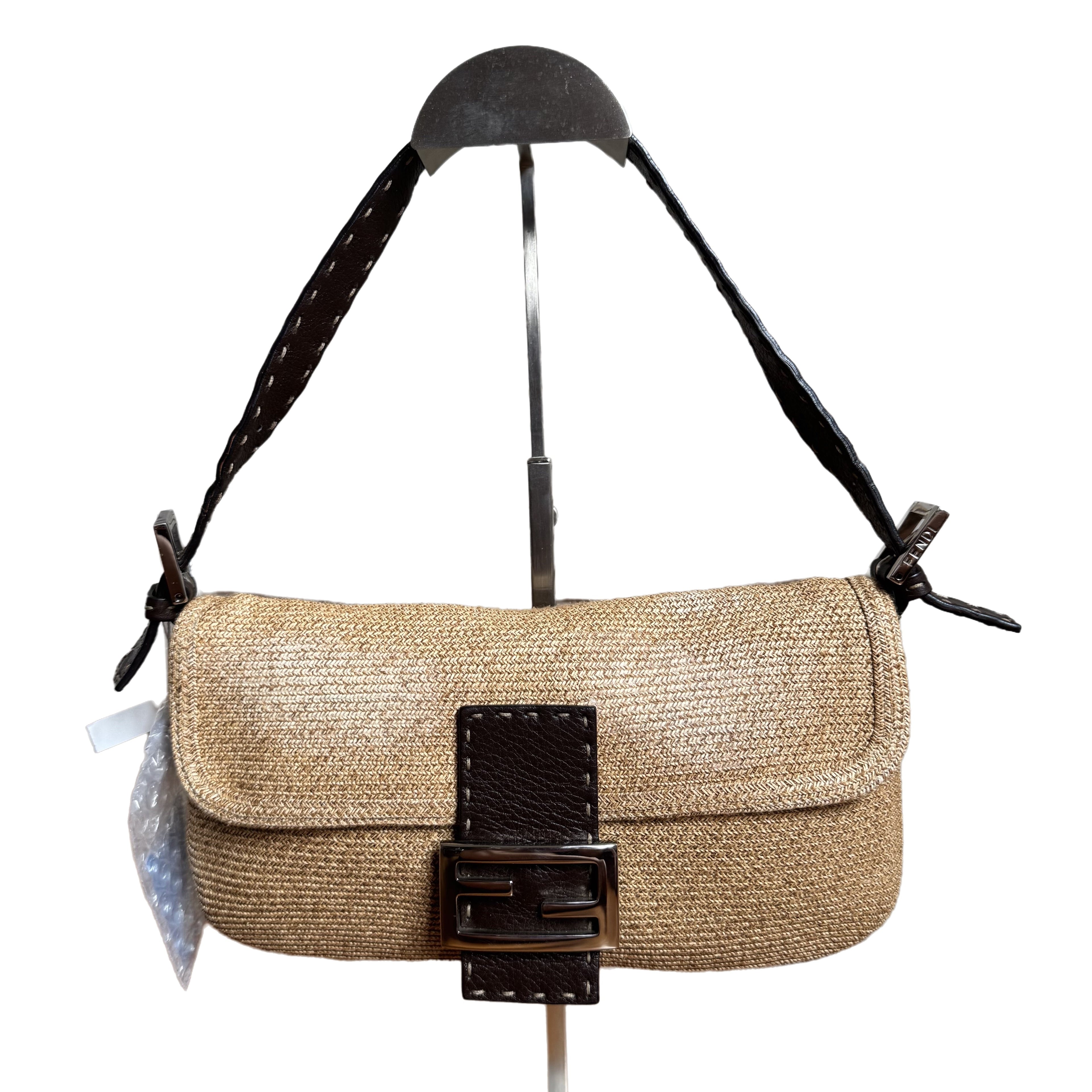 Fendi Baguette Raffia Straw Beige and Brown Leather Shoulder Bag