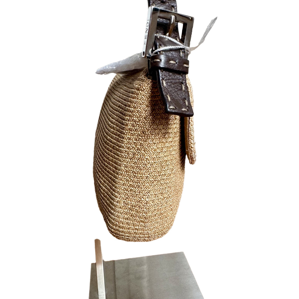 Fendi Baguette Raffia Straw Beige and Brown Leather Shoulder Bag