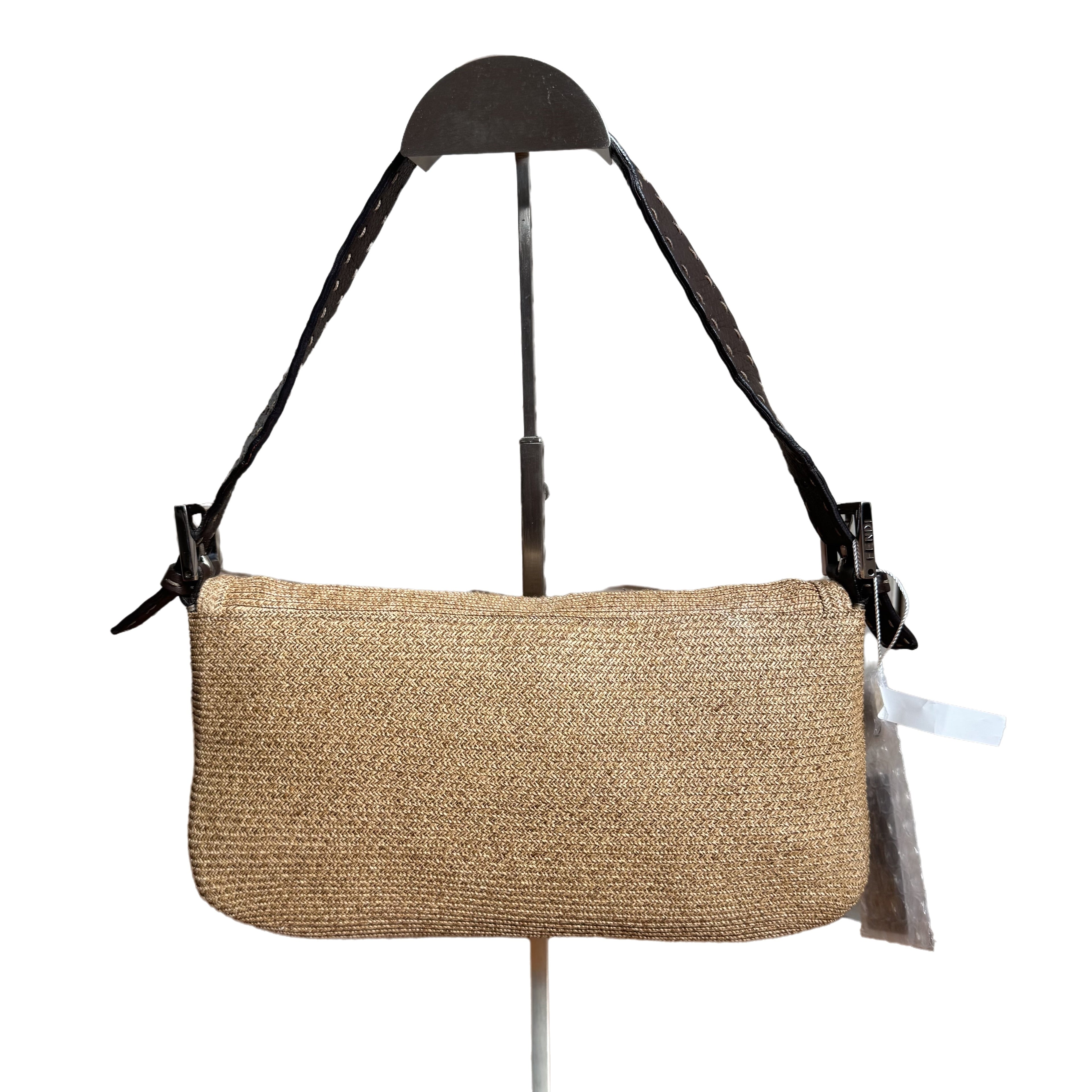 Fendi Baguette Raffia Straw Beige and Brown Leather Shoulder Bag