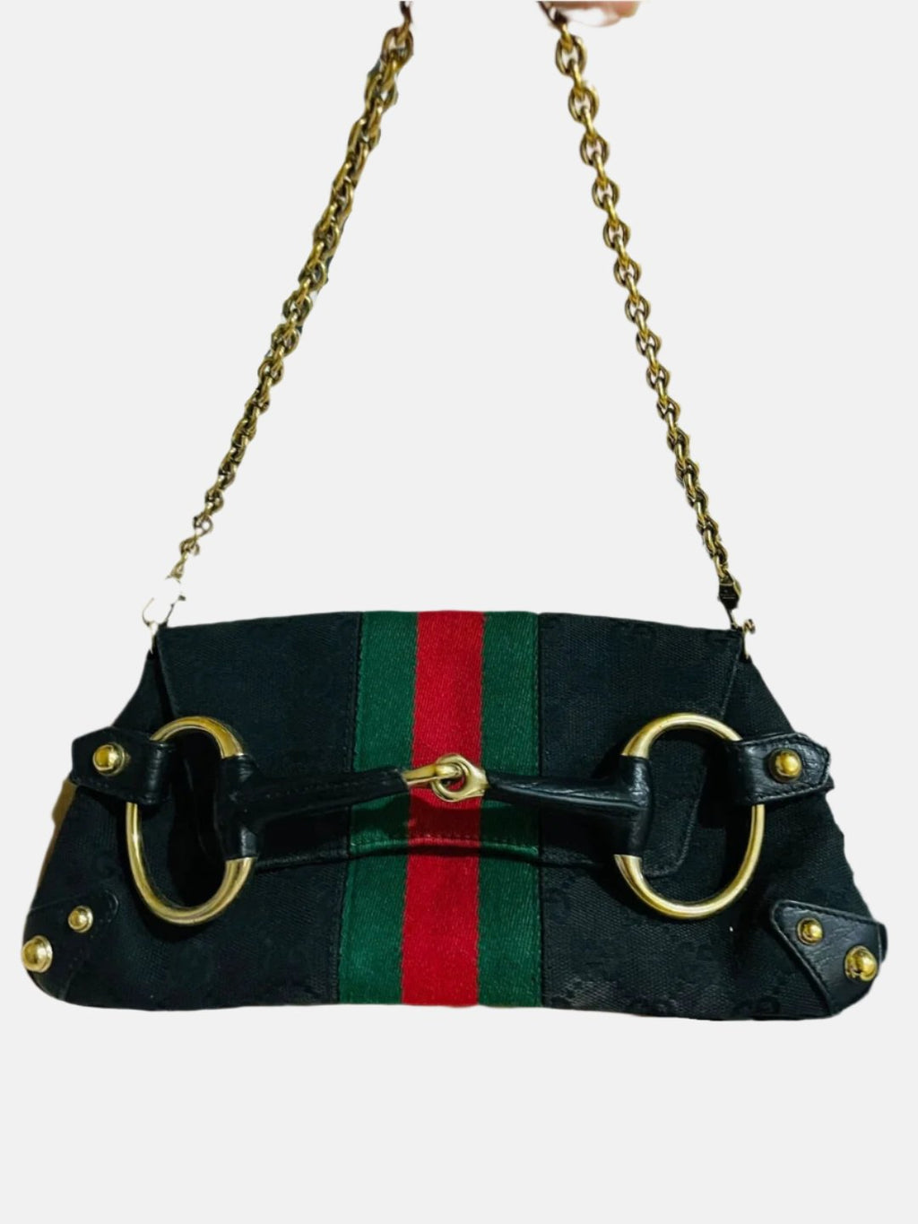 Gucci Horsebit 1955 Chain Cloth Black Gucci Monogram with Iconic Gucci Strip