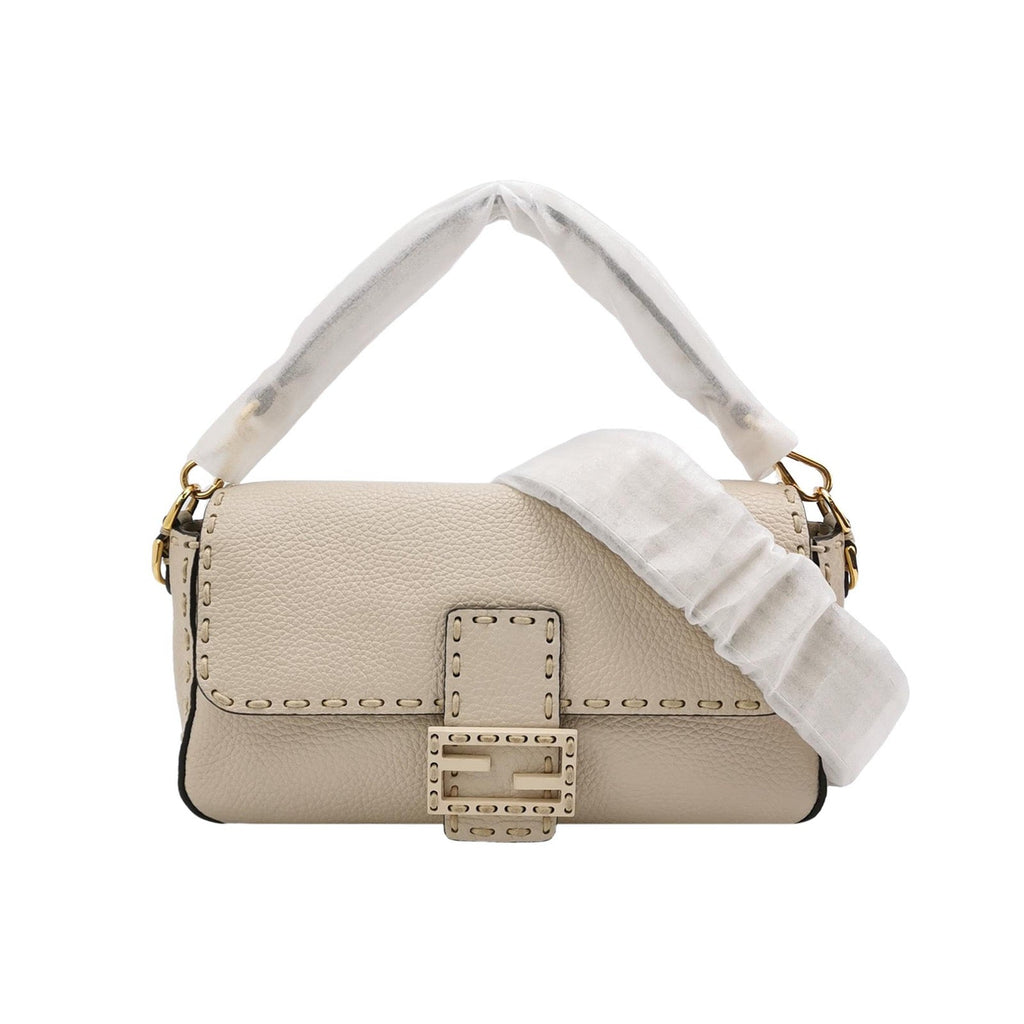 Fendi Baguette Selleria Medium White Calfskin Leather Crossbody Bag