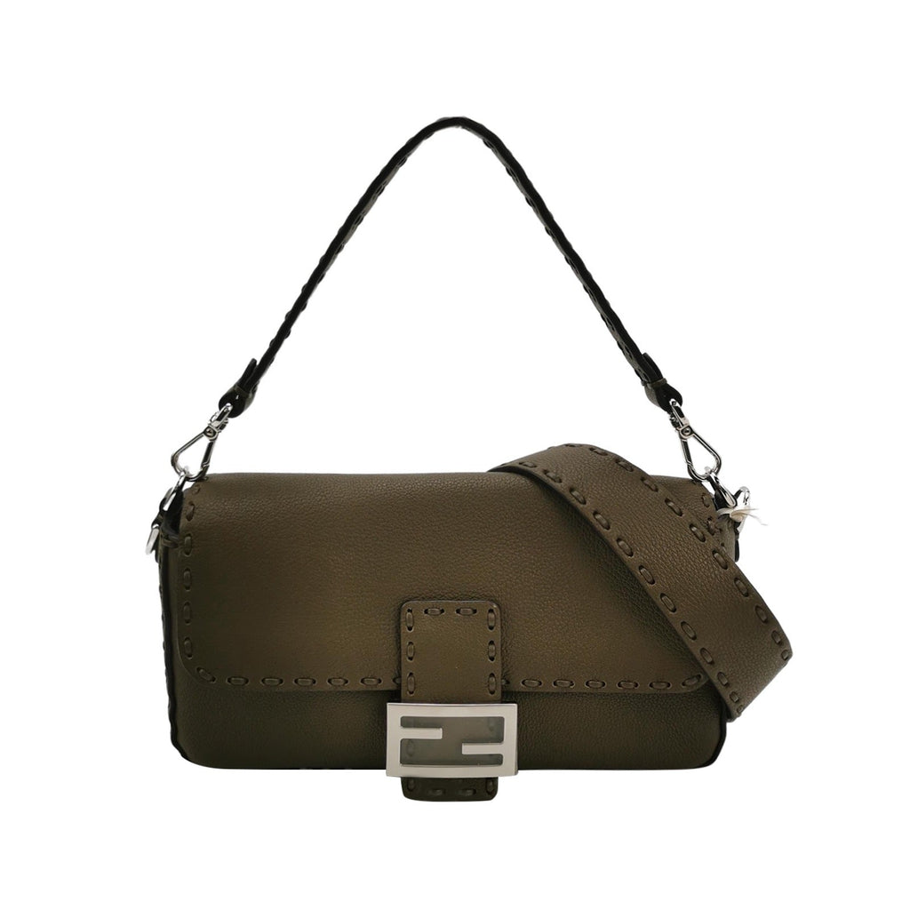 Fendi Baguette Selleria Medium Dark Green Calfskin Leather Crossbody Bag