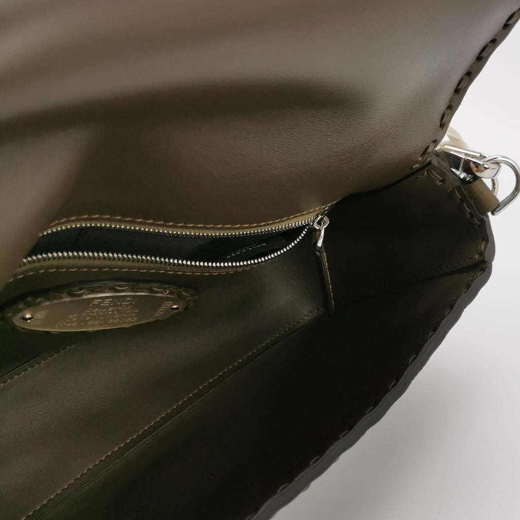 Fendi Baguette Selleria Medium Dark Green Calfskin Leather Crossbody Bag