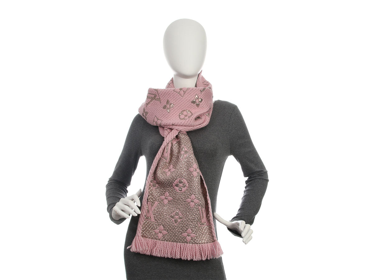 Louis Vuitton Pink and Metallic Silver Logomania Shine Scarf