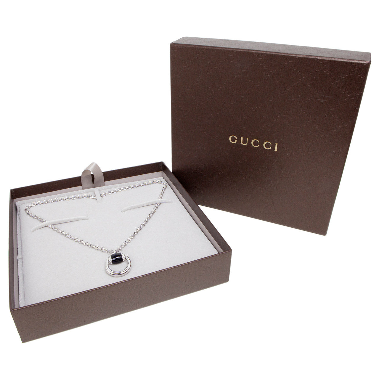 Gucci 18K White Gold, Diamond & Onyx Horsebit Pendant Necklace