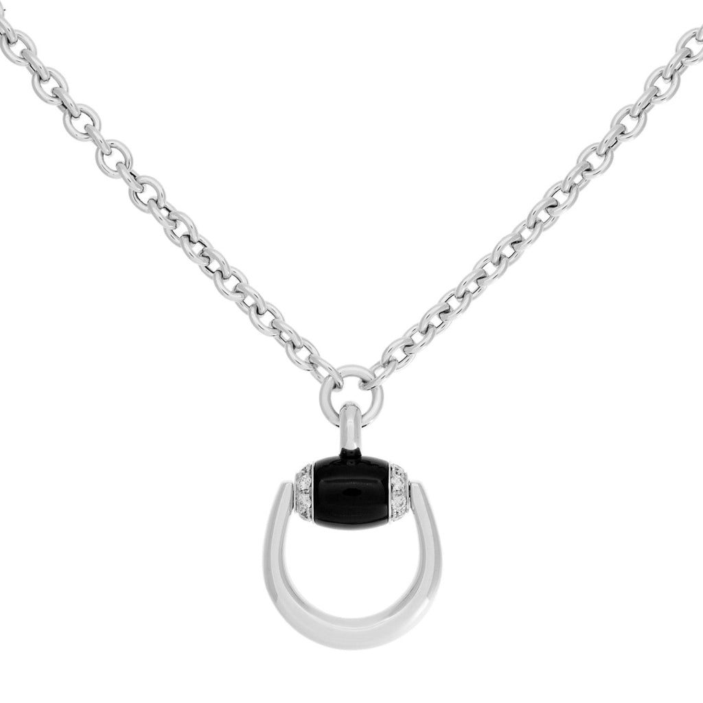Gucci 18K White Gold, Diamond & Onyx Horsebit Pendant Necklace