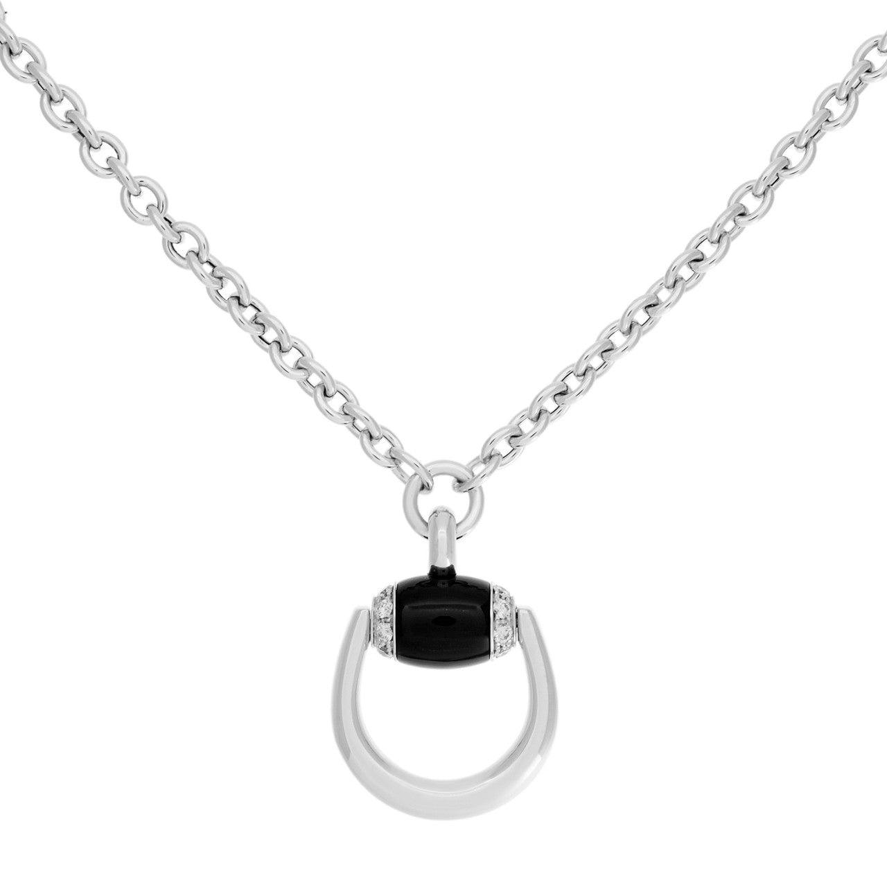 Gucci 18K White Gold, Diamond & Onyx Horsebit Pendant Necklace