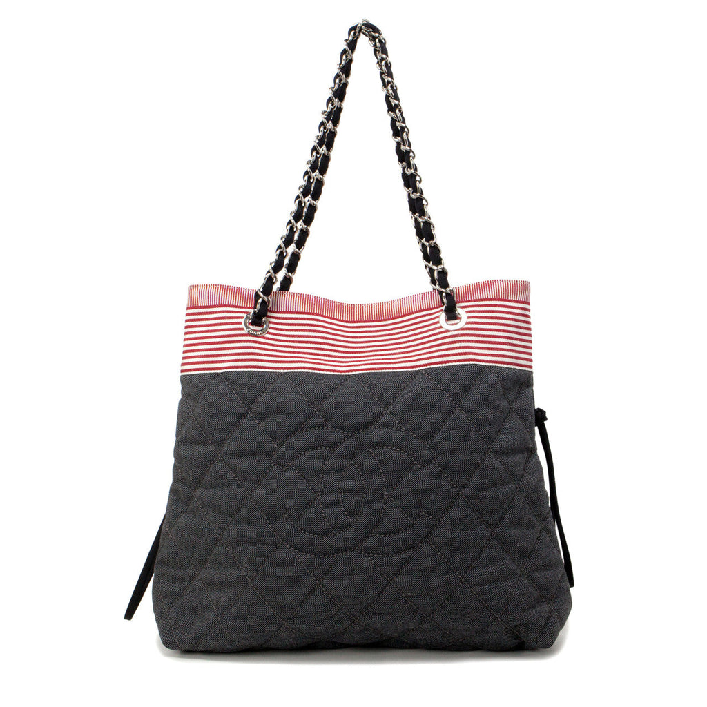 Chanel Grey Quilted Grosgrain Denim Drawstring Tote