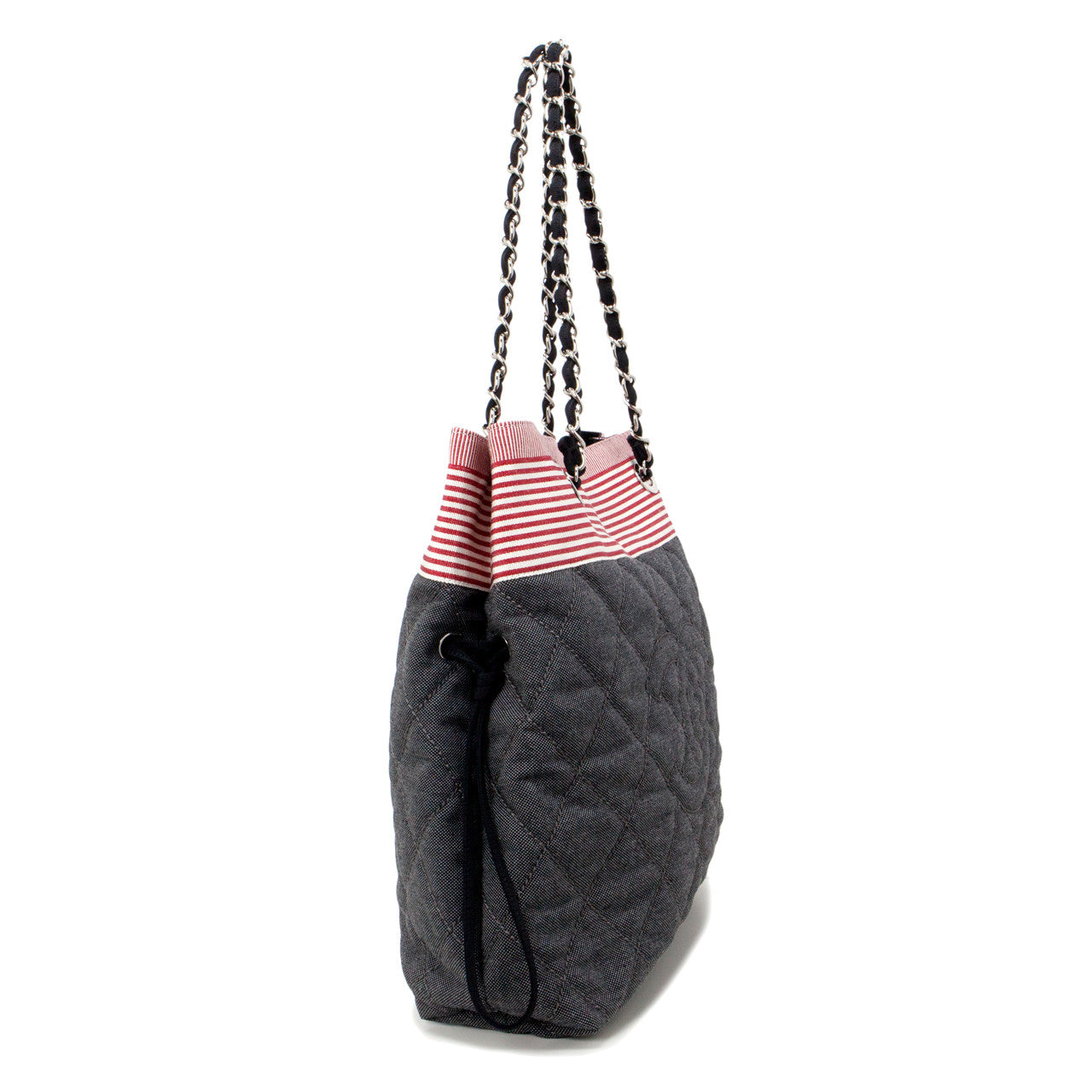 Chanel Grey Quilted Grosgrain Denim Drawstring Tote