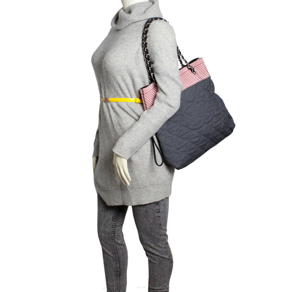 Chanel Grey Quilted Grosgrain Denim Drawstring Tote
