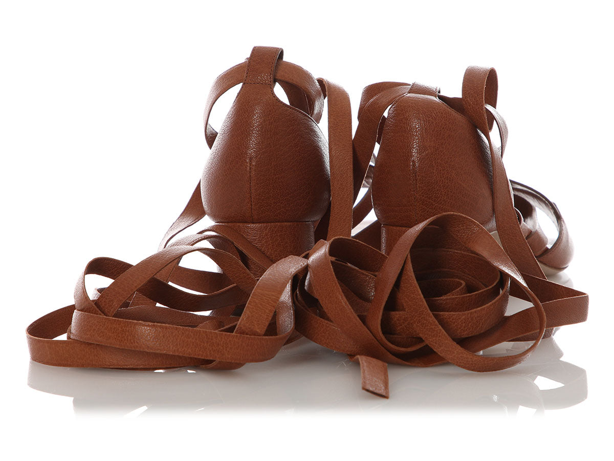 Miu Miu Brown Leather Ankle Wrap Sandals