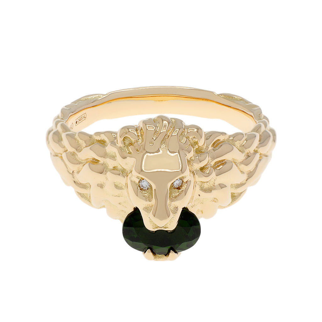 Gucci 18K Yellow Gold Diamond Chrome Diopside Lion Head Ring