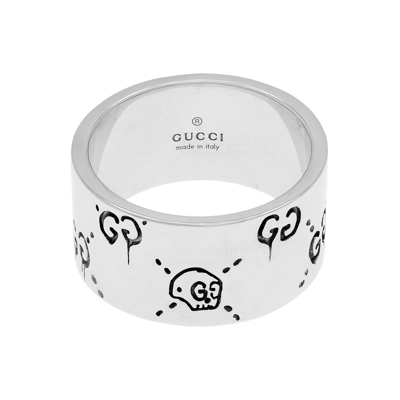 Gucci Sterling Silver GucciGhost Hamlet Skull Wide Band Ring