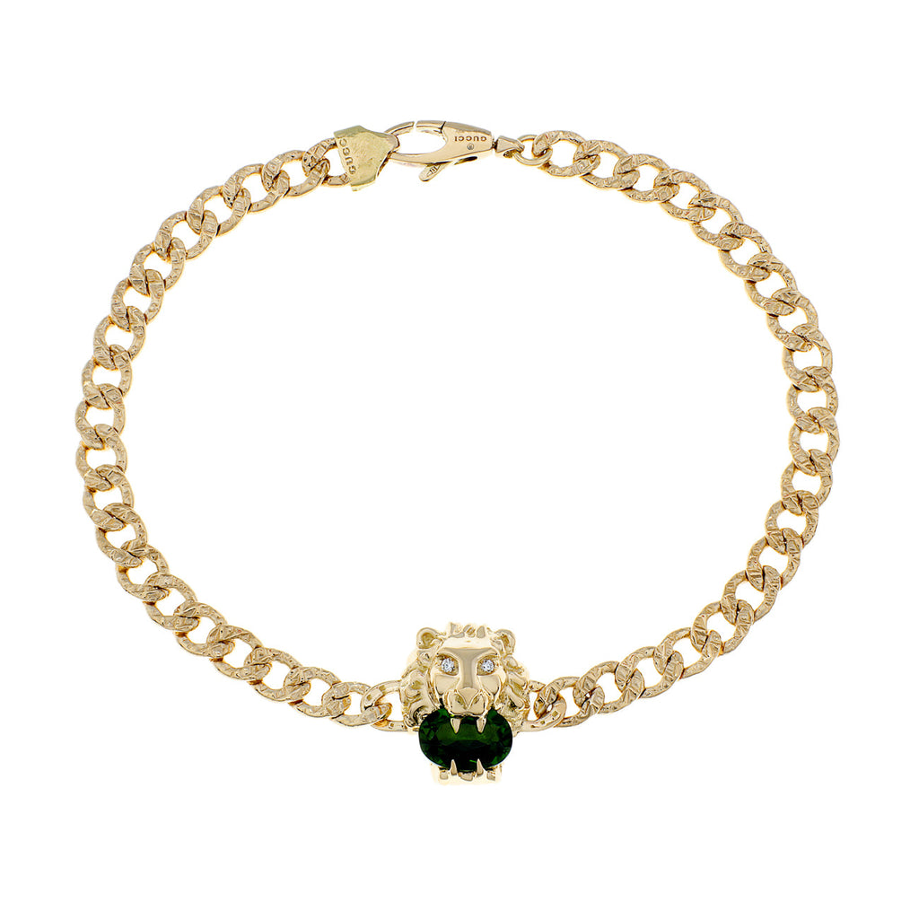 Gucci 18K Yellow Gold Diamond Chrome Diopside Lion Head Bracelet