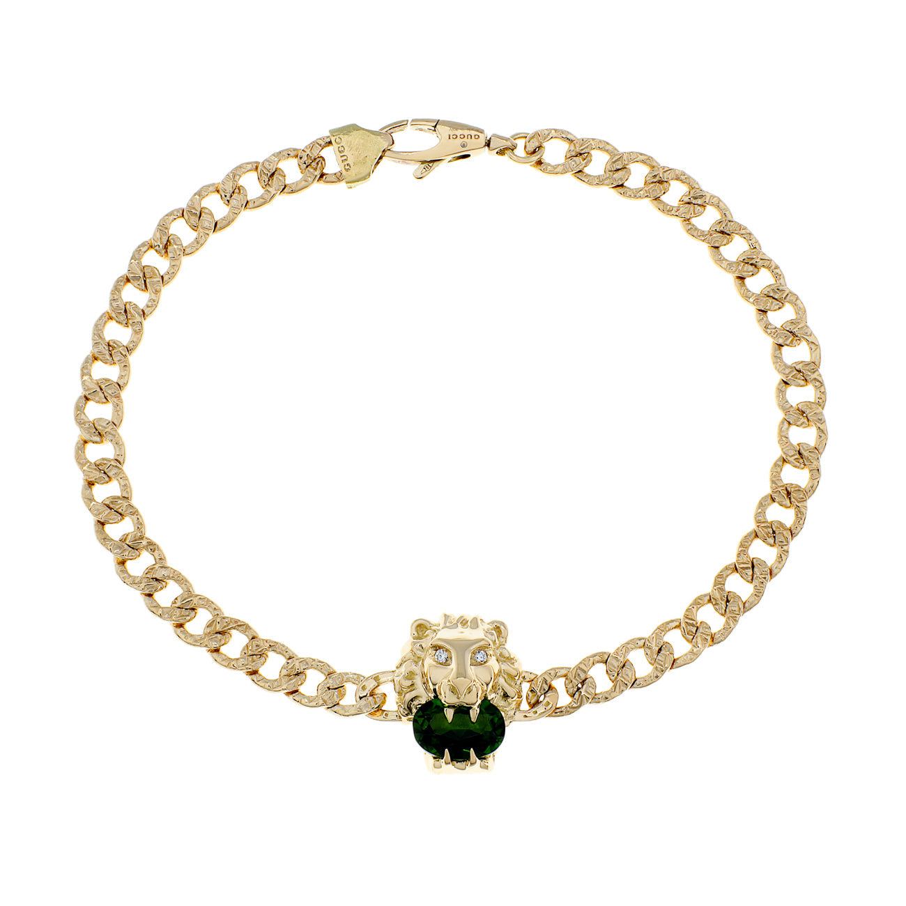 Gucci 18K Yellow Gold Diamond Chrome Diopside Lion Head Bracelet