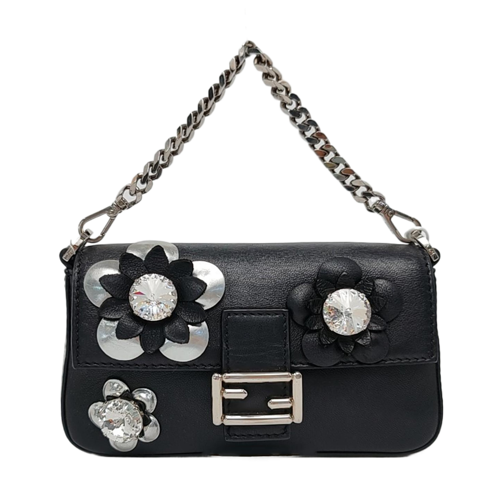 Fendi Baguette Micro Black Leather Crystal Flower Clutch