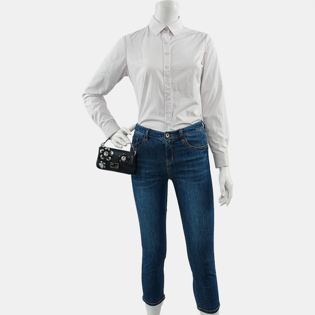 Fendi Baguette Micro Black Leather Crystal Flower Clutch