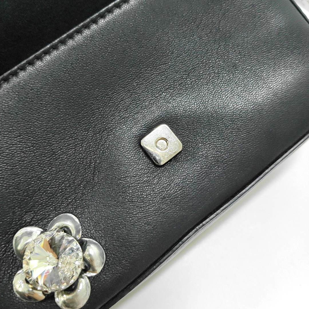 Fendi Baguette Micro Black Leather Crystal Flower Clutch